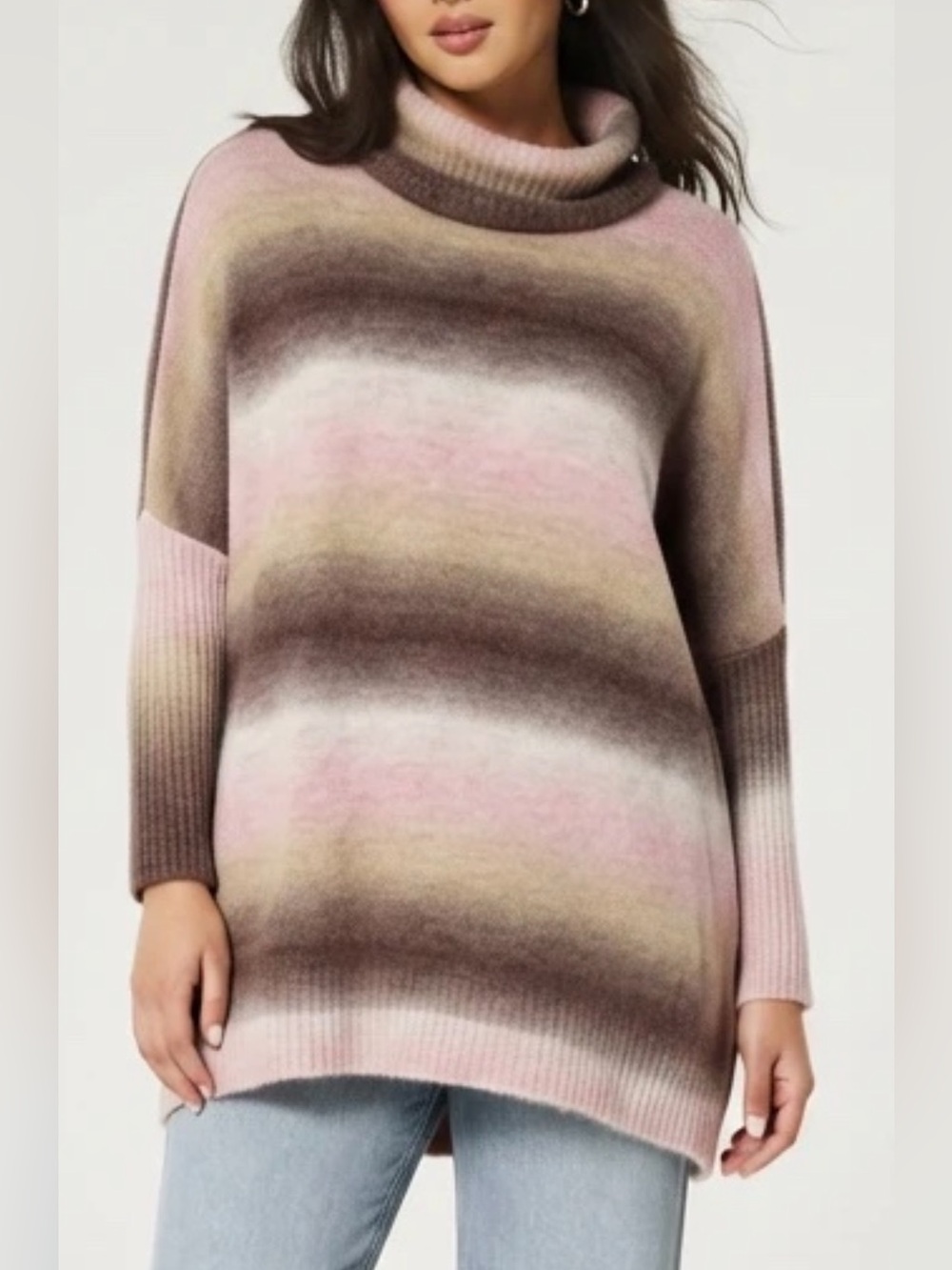 Loft Pink & Brown Striped Turtle Neck Sweater
